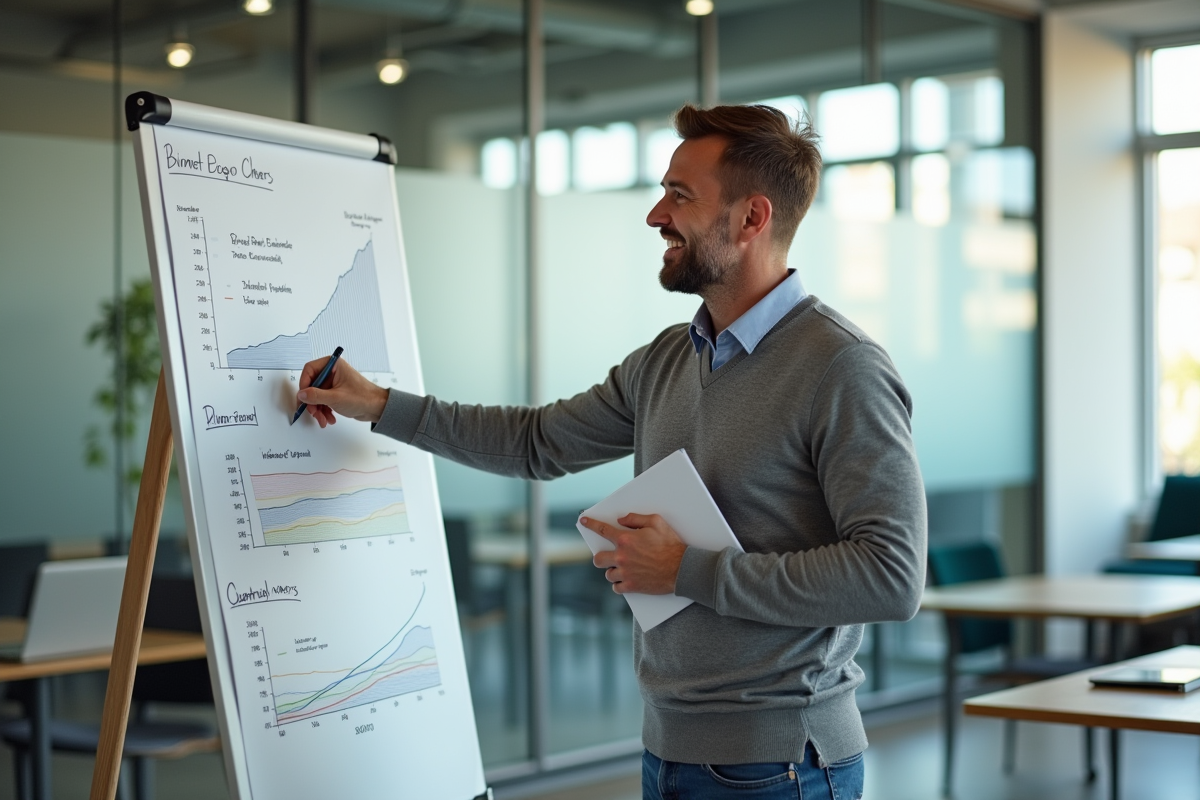 Homme en coworking analysant un graphique financier