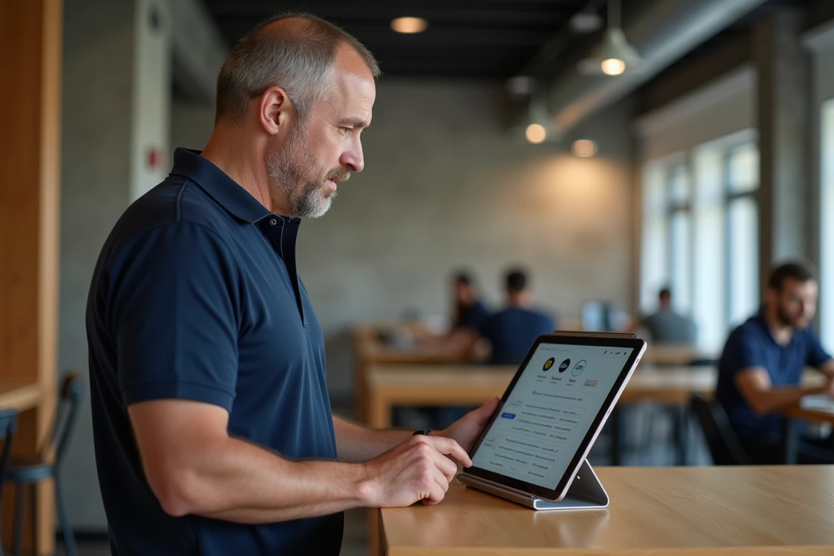 Homme comparant des alternatives françaises à France Vidcaps sur une tablette dans un espace de coworking moderne