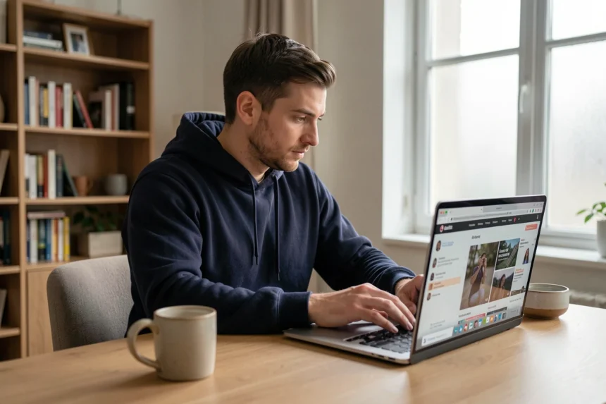 Un homme consultant l'adresse officielle du site 1jour1film sur un ordinateur portable dans un appartement moderne