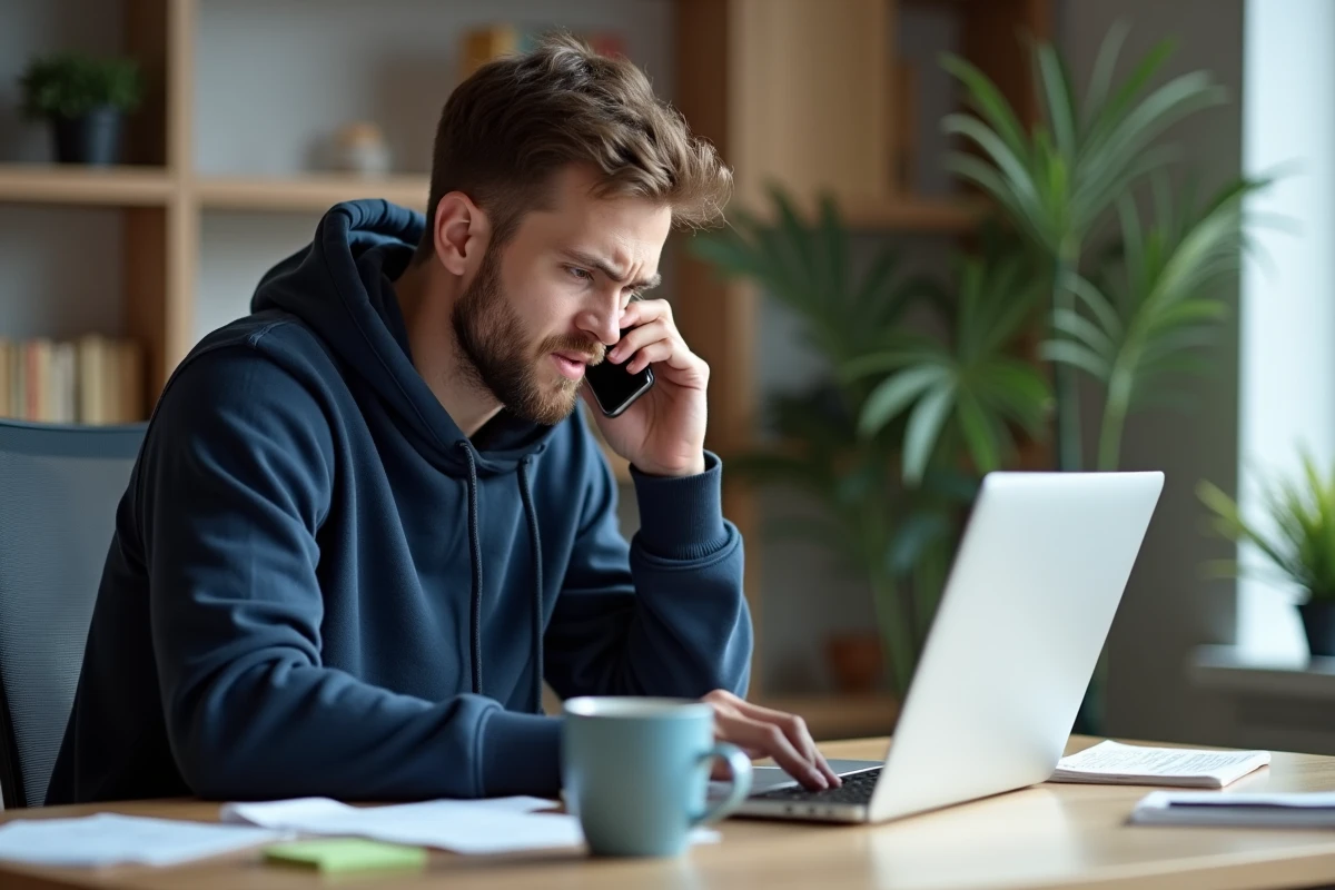 Jeune homme au téléphone cherchant le contact du service client Darty sur un ordinateur portable