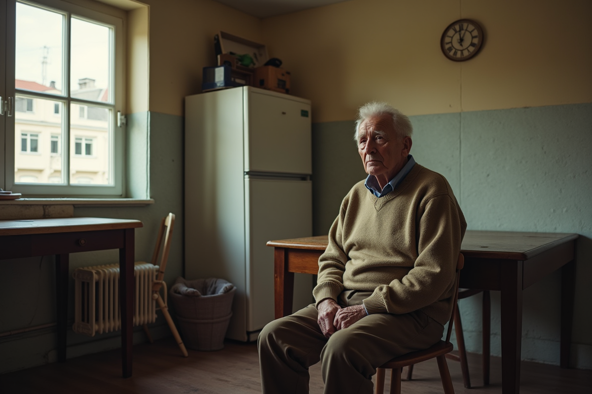 Homme âgé assis dans cuisine simple et authentique