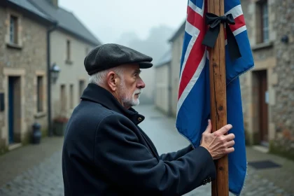 Homme breton âgé attachant un ruban noir au drapeau