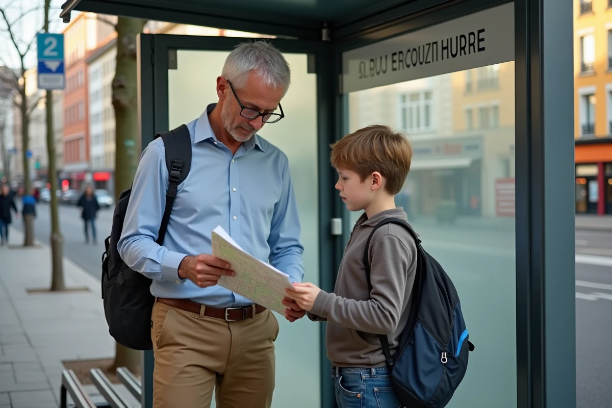 Homme pointant une carte à un jeune garçon dans la rue à Mille