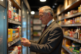 Homme d'âge moyen dans une épicerie parisienne