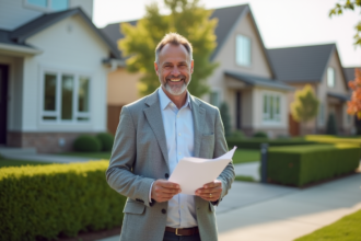 Homme souriant devant une maison moderne en banlieue