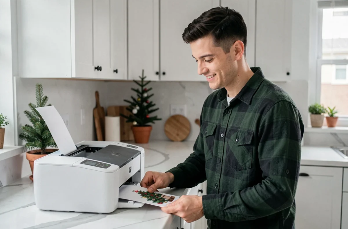 Homme imprimant une carte de Noël PDF sur son imprimante à domicile dans une cuisine moderne