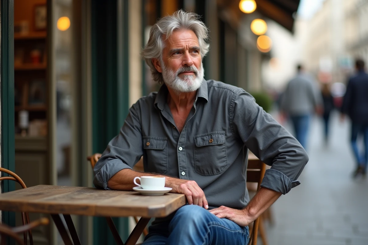 Portrait d'un homme de lettres et de médias attablé en terrasse de café parisien, ambiance intellectuelle et décontractée