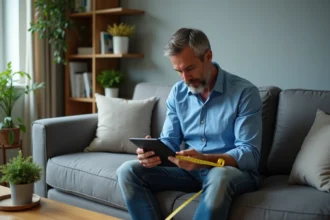 Homme mesurant un canapé avec un ruban et une tablette numérique
