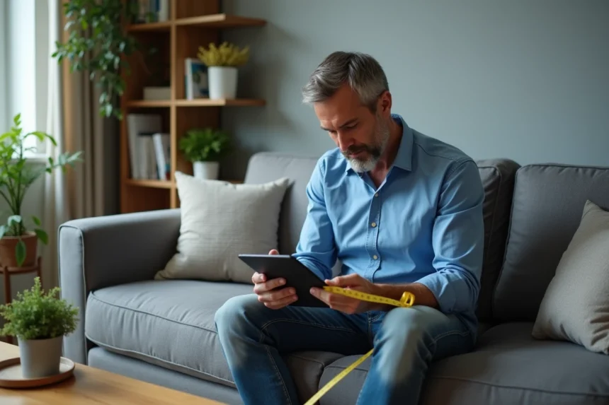 Homme mesurant un canapé avec un ruban et une tablette numérique