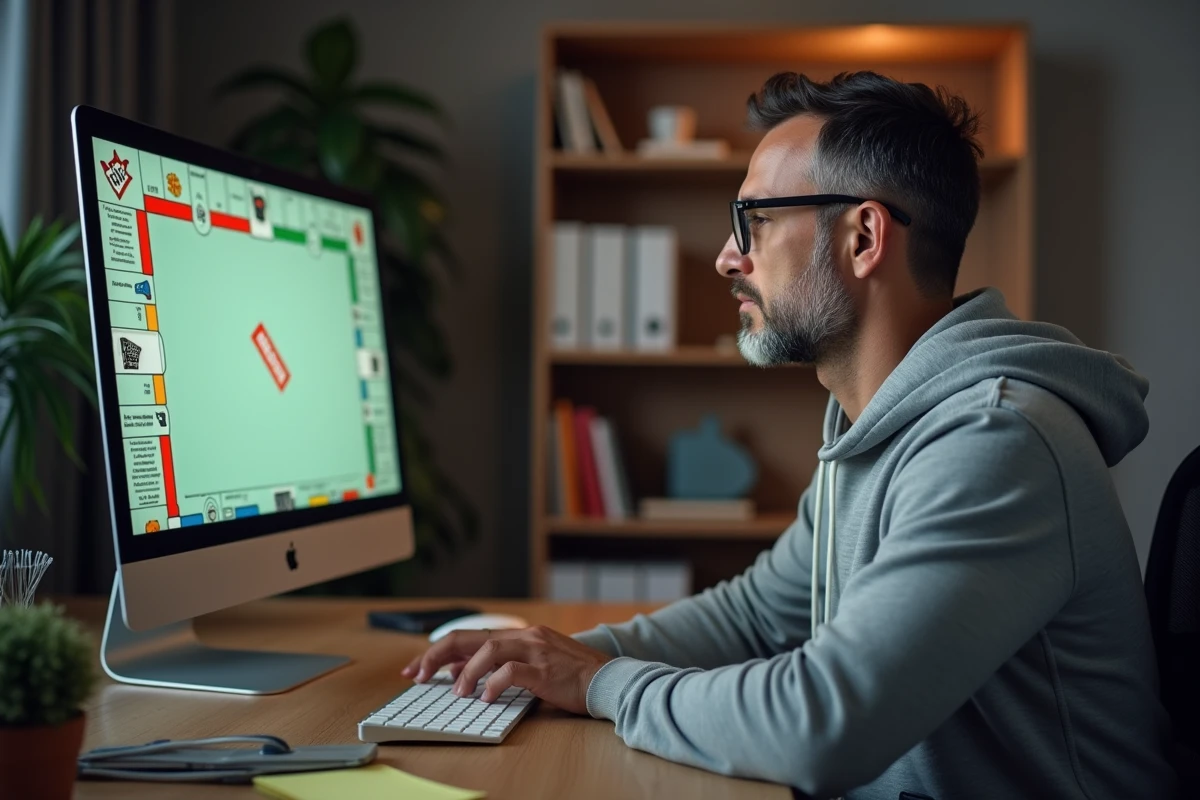 Homme jouant à Monopoly gratuit sans inscription sur un ordinateur de bureau dans un bureau à domicile