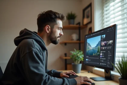 Homme consultant une plateforme alternative de streaming vidéo sur un grand écran dans un bureau moderne en 2026