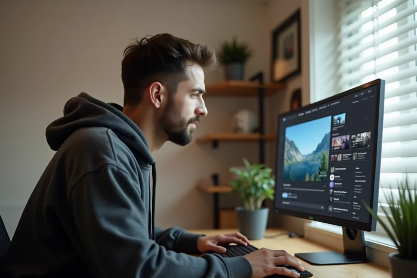 Homme consultant une plateforme alternative de streaming vidéo sur un grand écran dans un bureau moderne en 2026