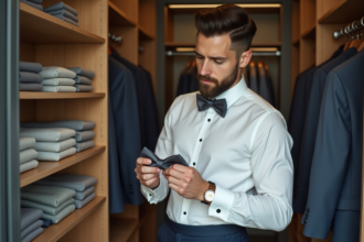 Homme en costume choisissant un noeud papillon dans un dressing