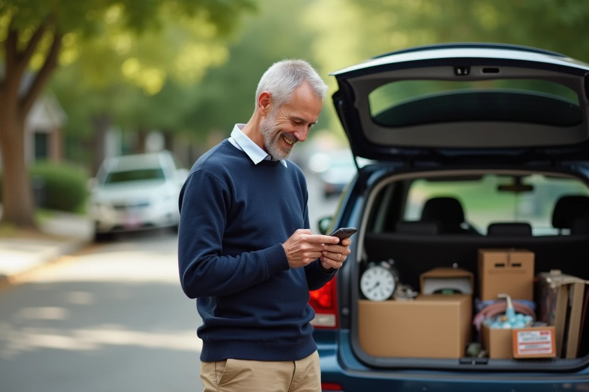 Homme souriant utilisant son smartphone dans la rue