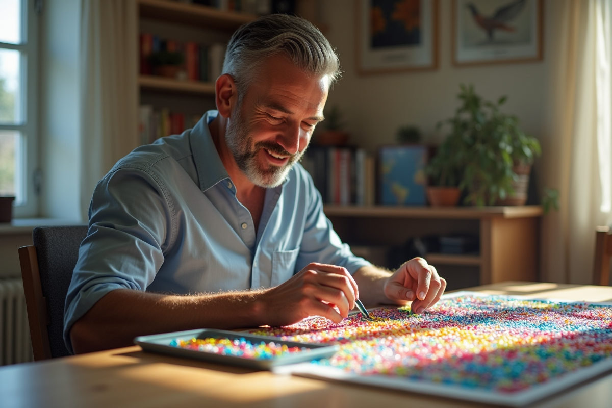 Homme triant des perles de diamants colorées sur la table