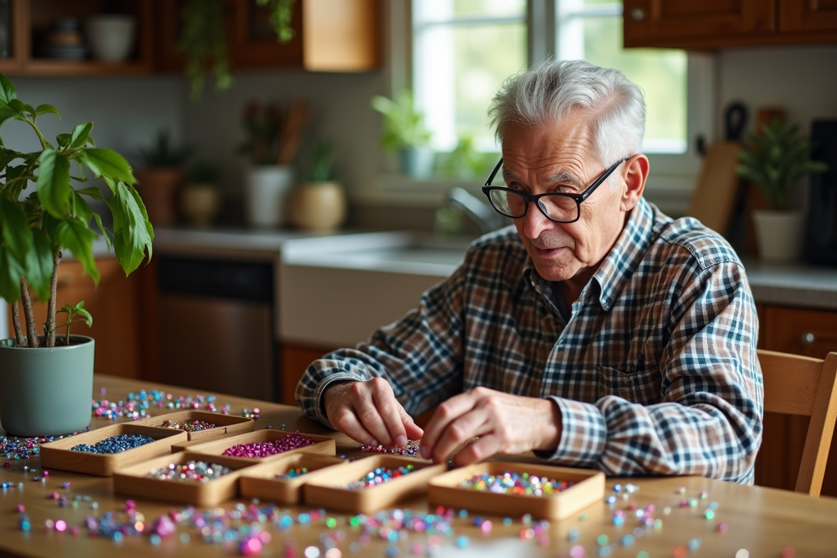 Homme âgé triant des perles diamant colorées à la maison