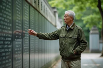 Homme vietnamien devant un mur commémoratif ancien
