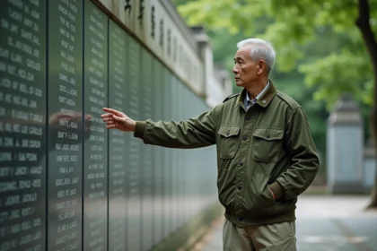 Homme vietnamien devant un mur commémoratif ancien