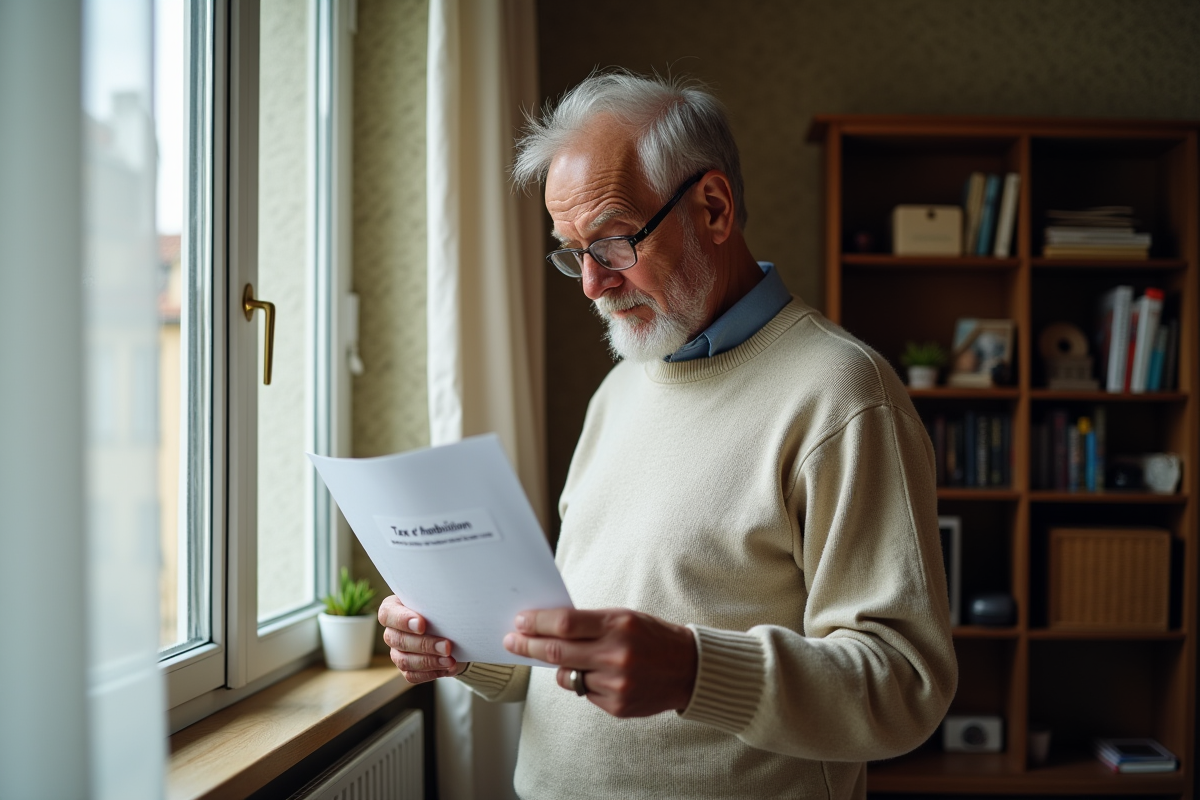 Homme âgé lisant un document de taxe d