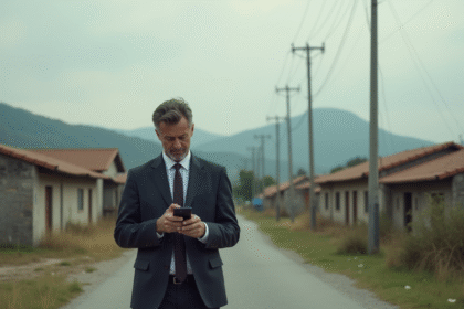 Homme d'âge moyen vérifiant son smartphone dans un village rural