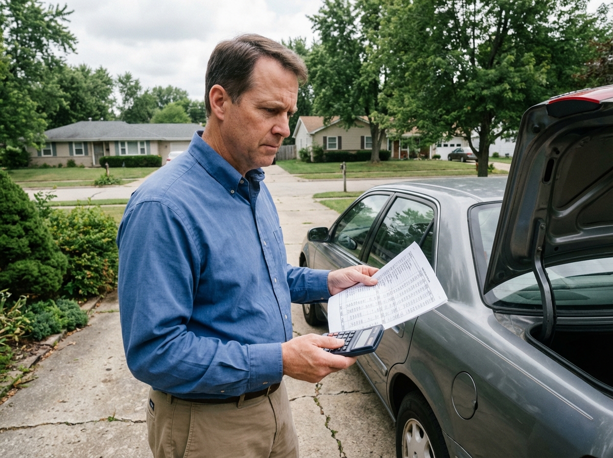 Homme vérifiant son budget auto devant sa voiture