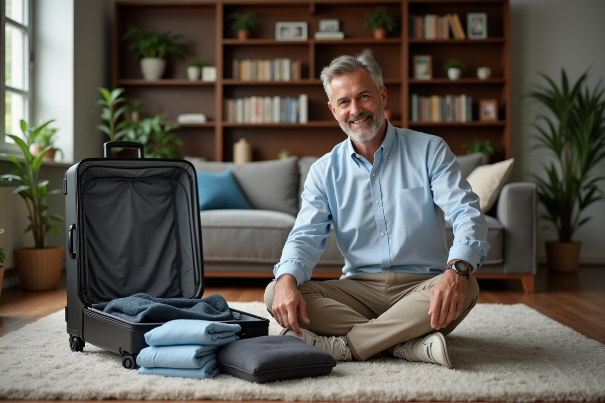 Homme souriant préparant ses vêtements pour voyager