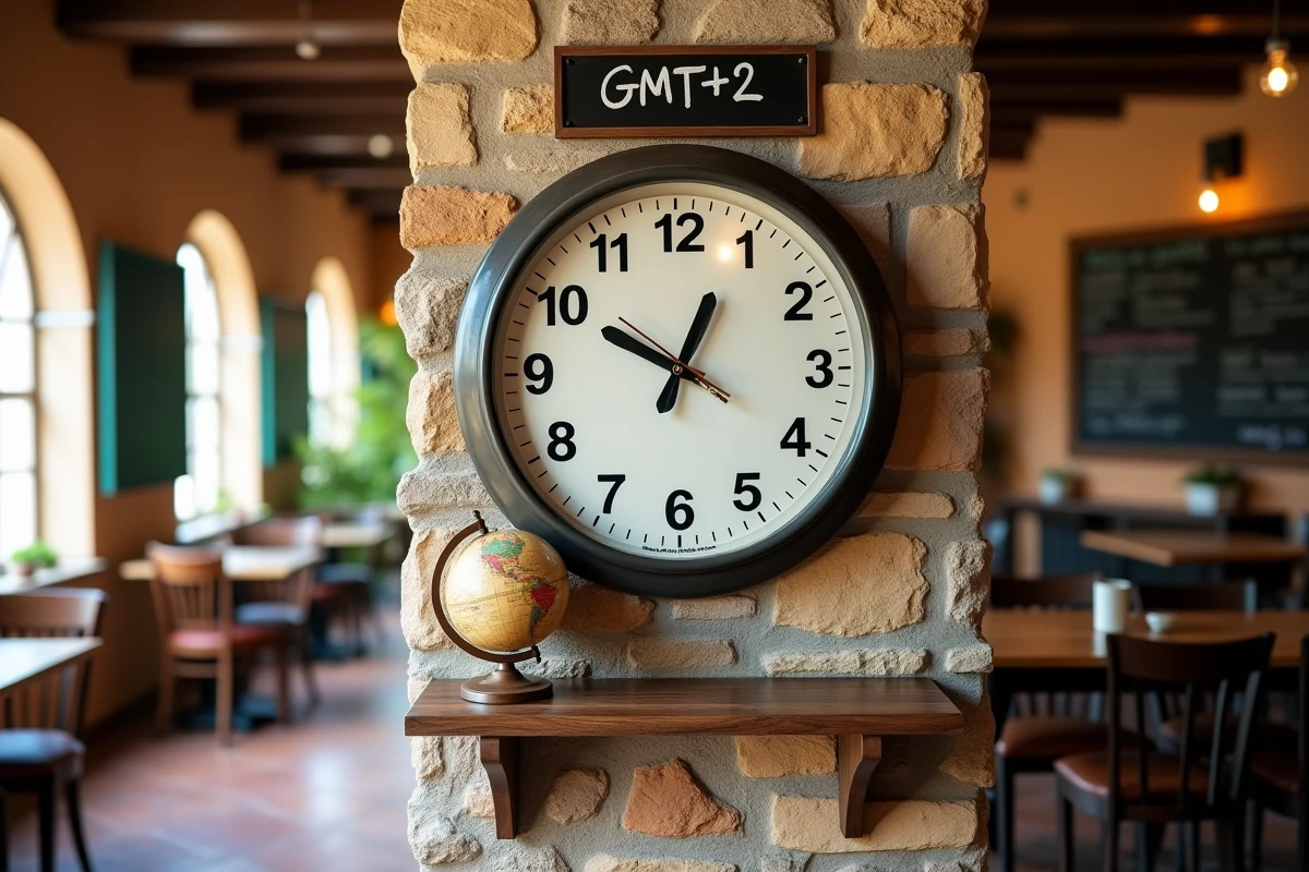 Horloge analogique murale indiquant le fuseau horaire GMT+2 dans un café rustique méditerranéen avec un globe vintage