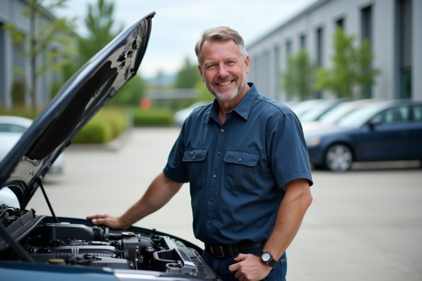 Ingénieur automobile homme à côté d'un moteur moderne