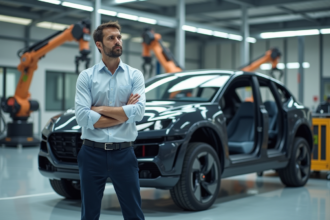 Ingénieur automobile devant un châssis électrique en usine