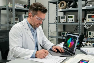Ingénieur utilisant un calculateur de champ magnétique sur ordinateur portable dans un laboratoire de recherche industriel