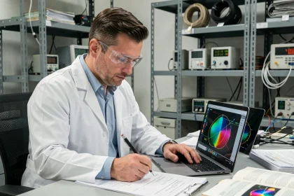 Ingénieur utilisant un calculateur de champ magnétique sur ordinateur portable dans un laboratoire de recherche industriel