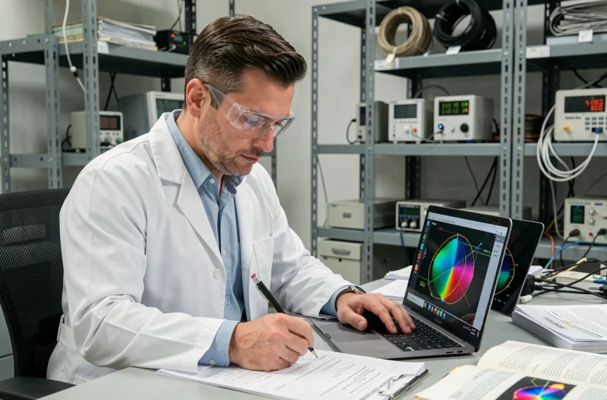 Ingénieur utilisant un calculateur de champ magnétique sur ordinateur portable dans un laboratoire de recherche industriel