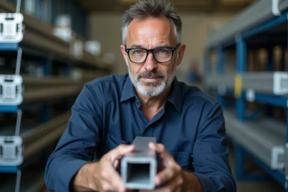 Ingénieur inspectant un tube rectangulaire en aluminium dans un atelier industriel