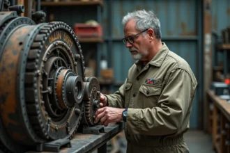 Ingénieur homme en combinaison examinant une machine complexe