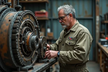 Ingénieur homme en combinaison examinant une machine complexe
