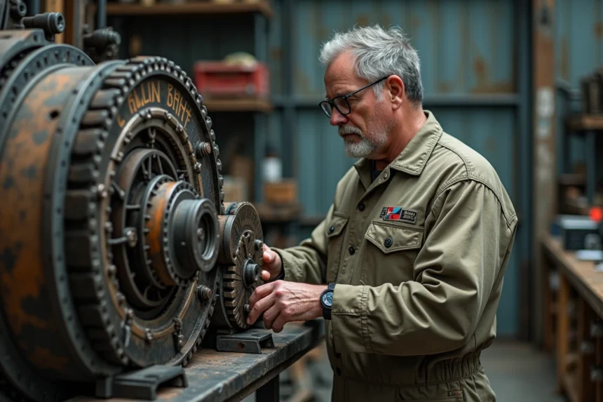 Ingénieur homme en combinaison examinant une machine complexe