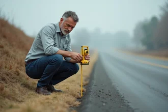 Ingénieur mesurant la pente d'une route avec un clinomètre, illustration du calcul de pourcentage de pente