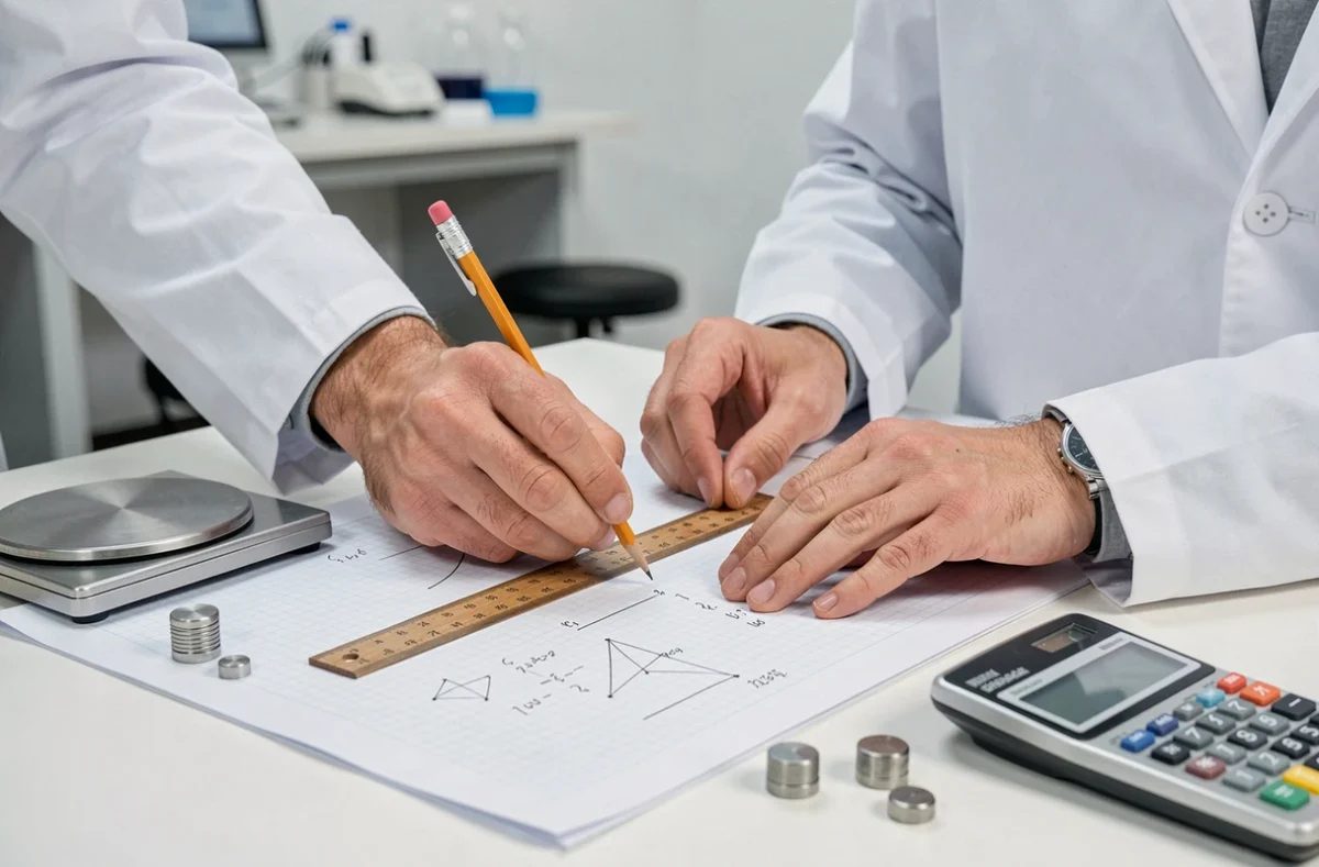 Mains d'ingénieur vérifiant les unités d'une formule de force sur papier millimétré avec des poids et une calculatrice scientifique en laboratoire