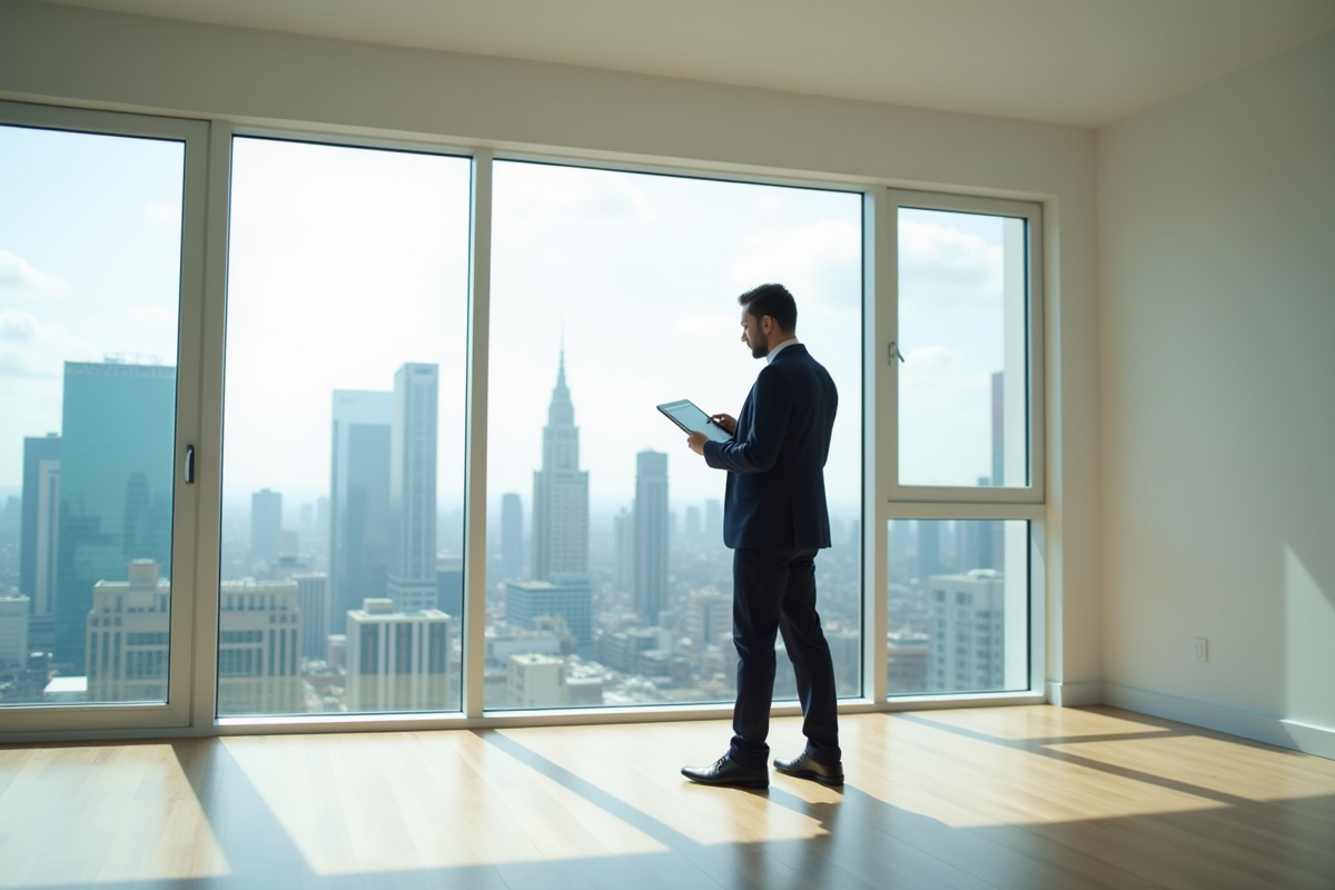 Agent immobilier utilisant une tablette dans un appartement vide lumineux