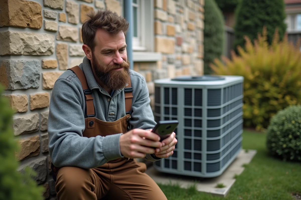Hommes installant une pompe à chaleur à l’extérieur d’une maison