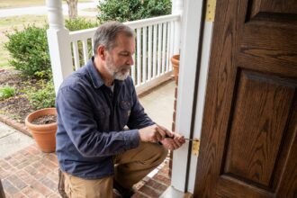 Homme mature installant une porte en bois sur le porche