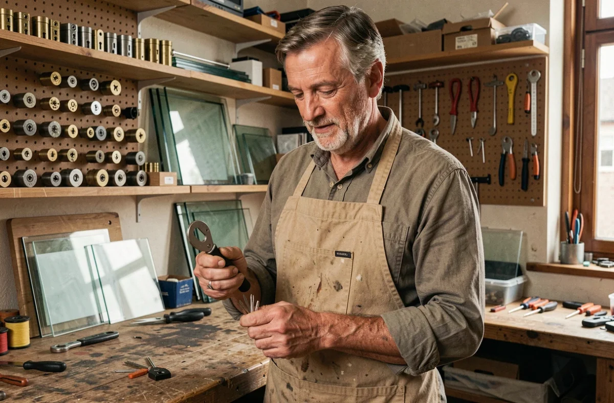 Jean Langois, artisan serrurier et vitrier à Caen, dans son atelier avec outils de serrurerie et de vitrerie