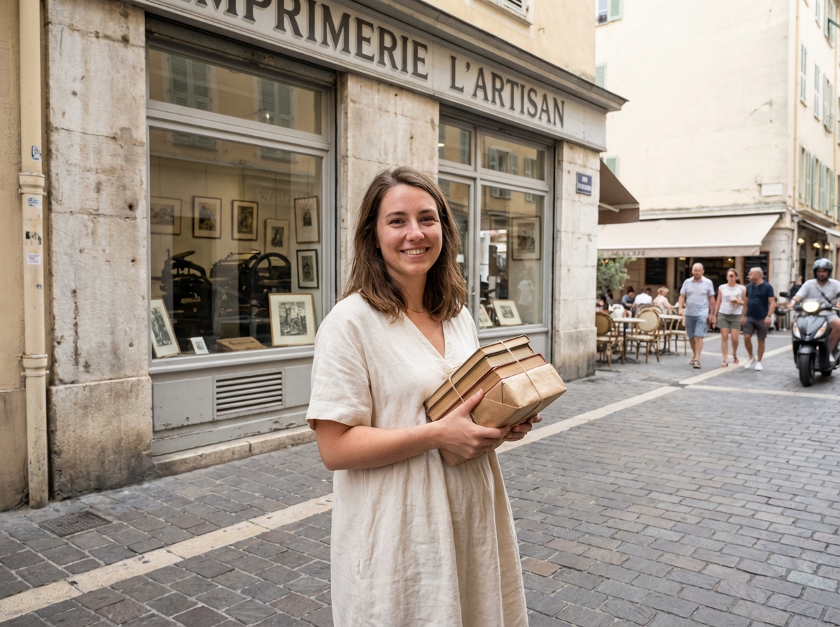 Jeune écrivaine devant une boutique de livres à Nice ensoleillée