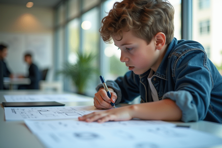 Jeune étudiant étudiant des plans d'ingénierie à son bureau