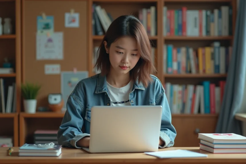 Jeune femme concentrée sur son ordinateur dans un bureau manga