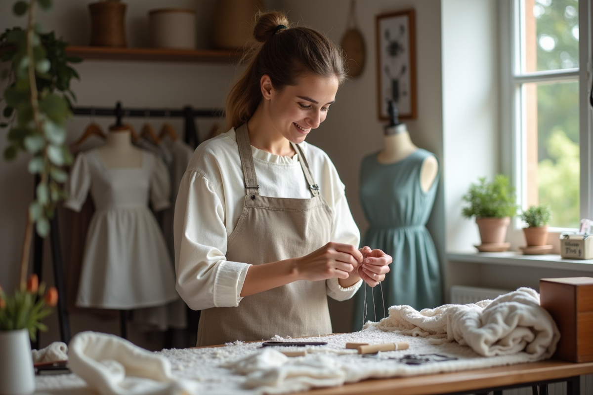 Jeune femme couture cousant avec un sourire détendu