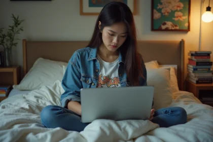 Jeune femme lisant manga sur son ordinateur dans une chambre cosy