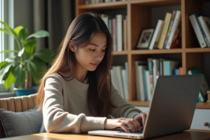 Jeune femme lisant manga sur ordinateur dans sa chambre