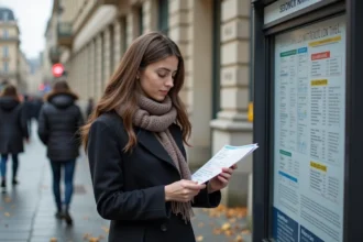 Jeune femme à l'arrêt de bus à Lyon avec un plan du bus