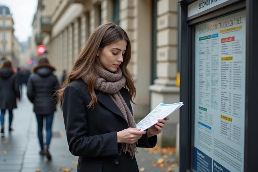 Jeune femme à l'arrêt de bus à Lyon avec un plan du bus